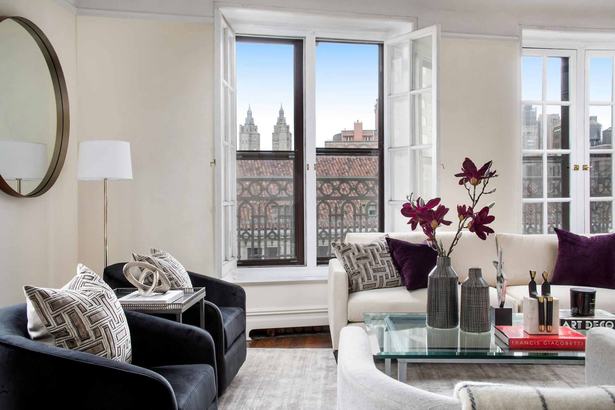 Meridith-Baer-Home-Home-Staging-New-York-The-Ansonia-Highrise-Condos-and-Lofts-Transitional-Living-Room-With-Patio